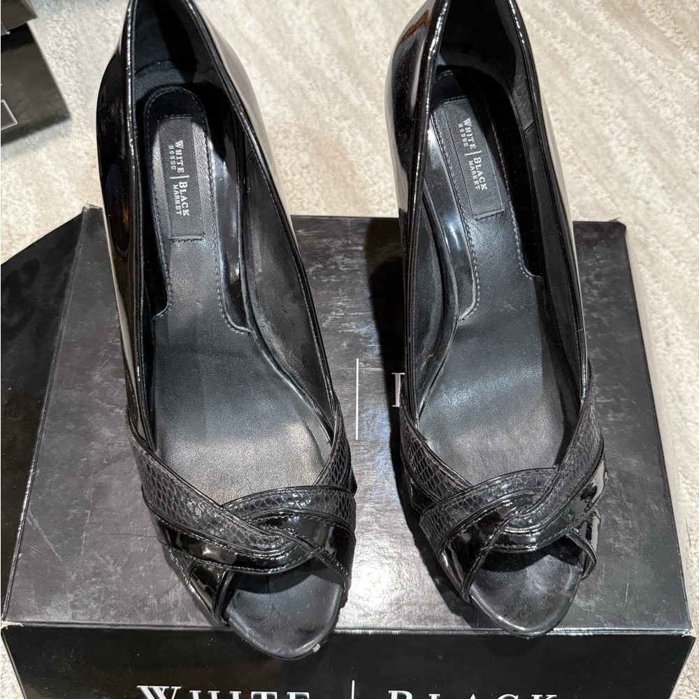 White House Black Market Glossy Black Peep Toe Heels